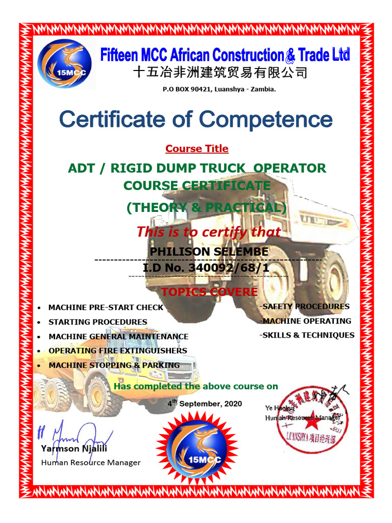 ADT Dump Truck Operator Certificate | PDF
