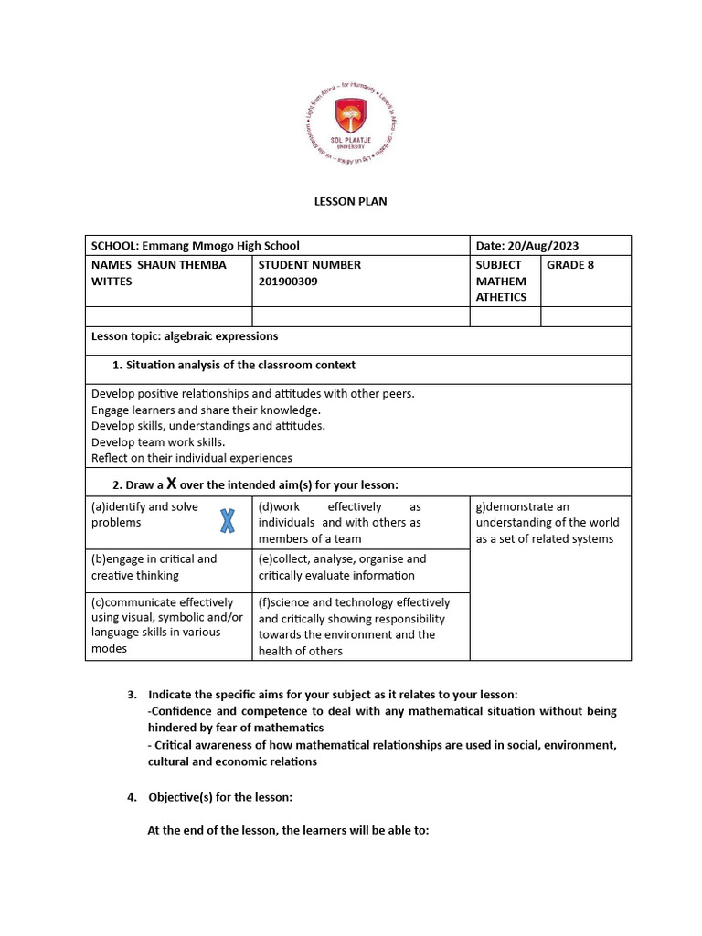 Grade 8 Algebraic Expressions Lesson Plan | PDF | Learning | Variable ...