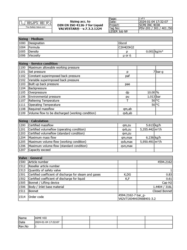 Sizing PSV-201 301 401 501 601 701 Glycol CASE R0 | PDF | Valve | Pressure