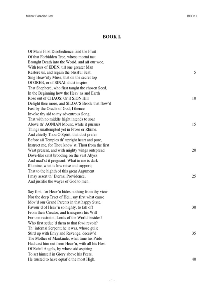 PL Book I | PDF | Paradise Lost
