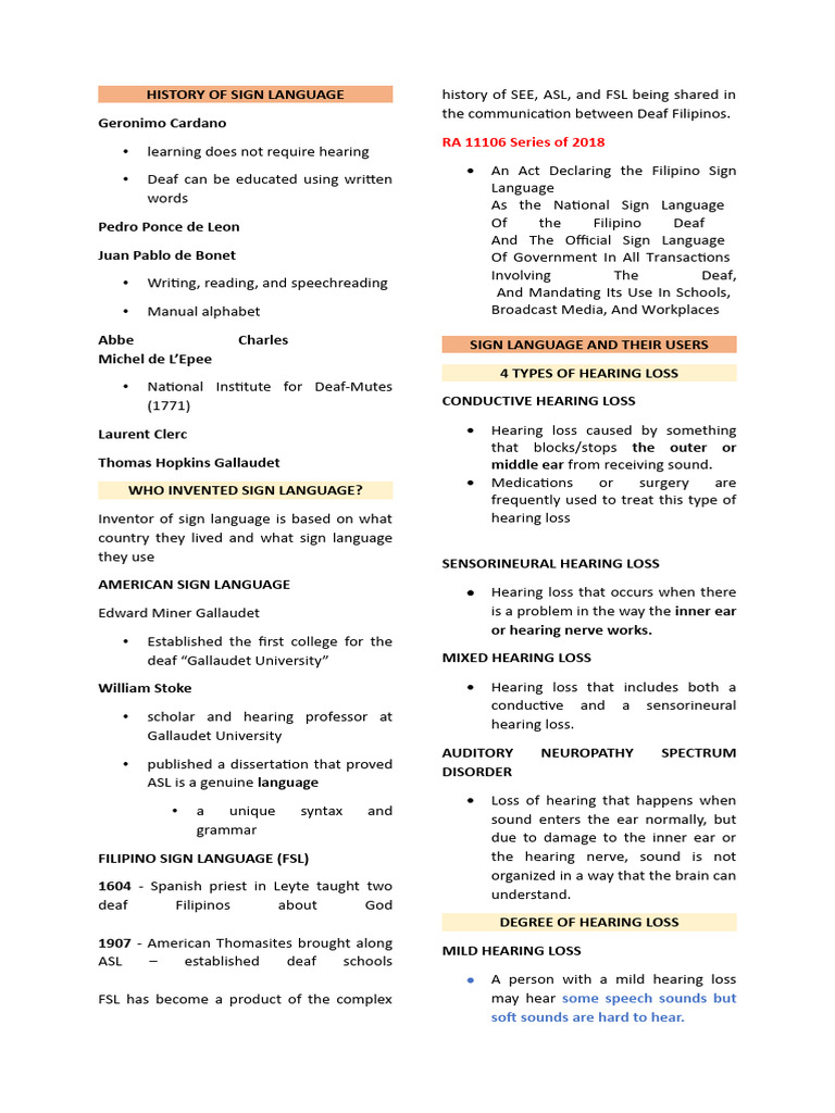 History of Sign Language PDF Hearing Loss American Sign Language