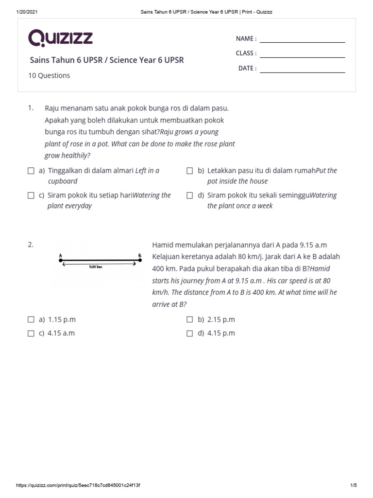 Sains Tahun 6 Upsr Science Year 6 Upsr Print Quizizz Pdf