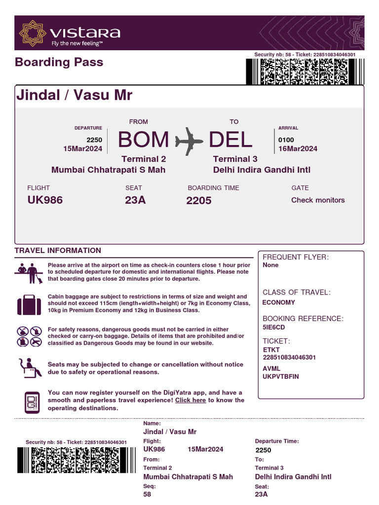 Your boarding pass to Delhi VISTARA PDF Transport Airlines