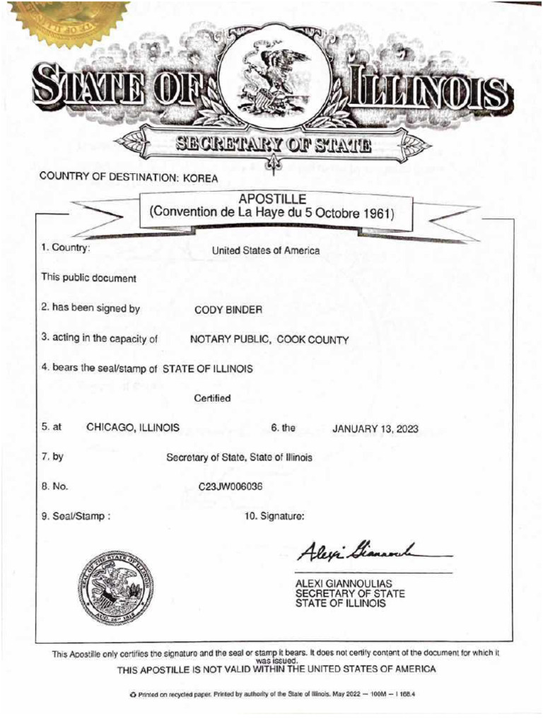 IL SOS Apostille Certificate Sample | PDF