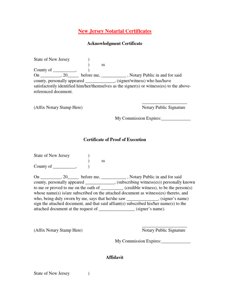 New Jersey Notarial Certificate Samples | PDF | Affidavit | Notary Public