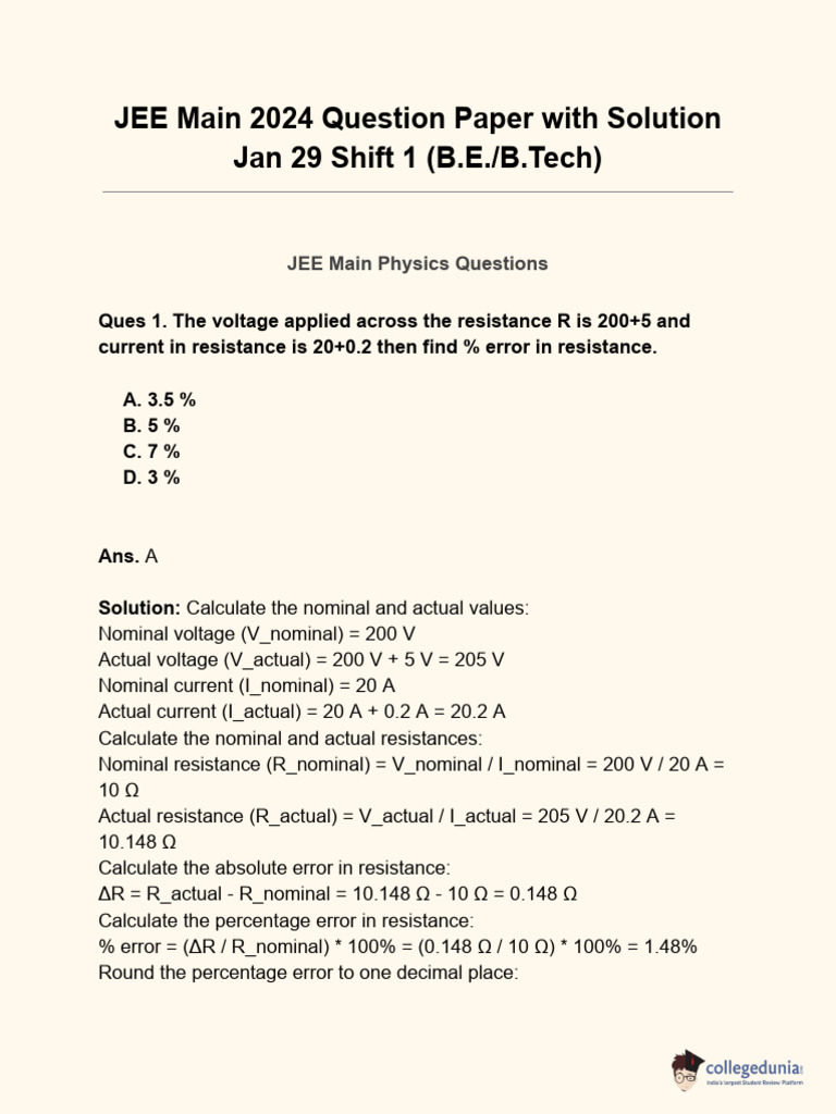 JEE Main 2024 Physics Solutions Jan 29 Shift 1 | PDF