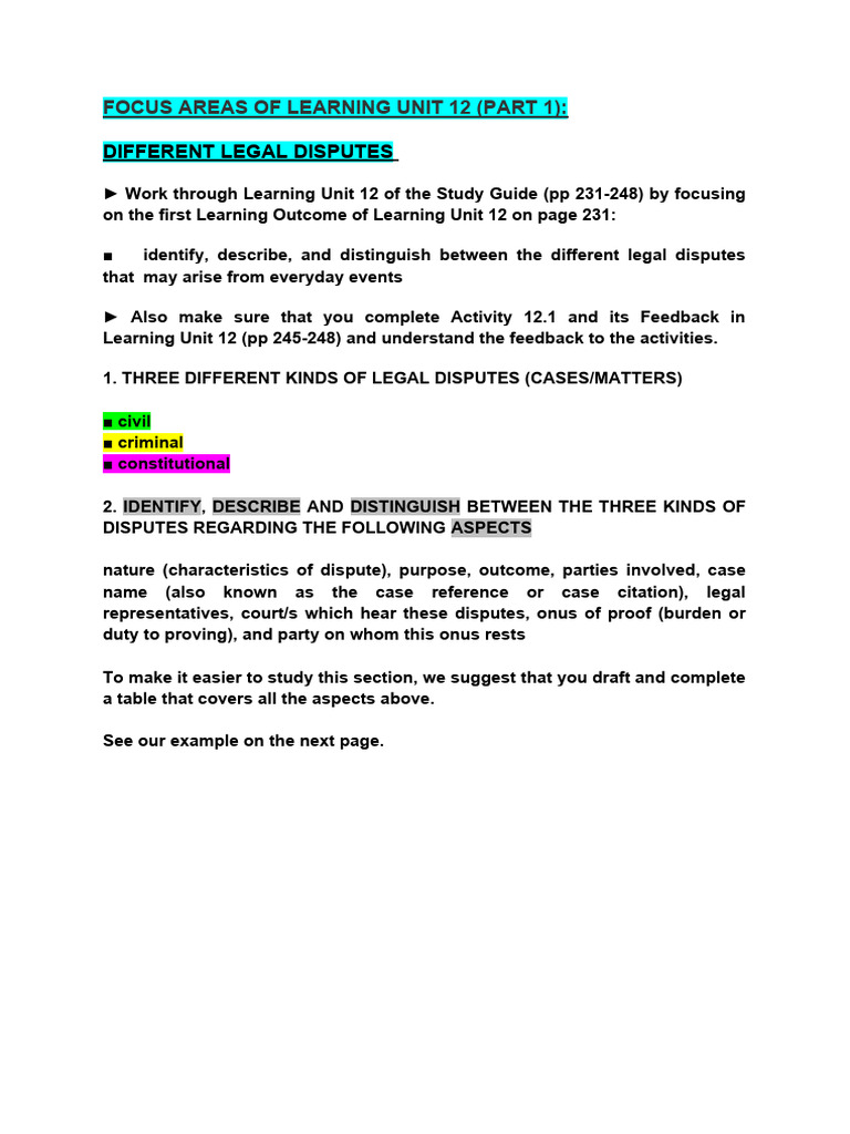 Lesson 12 Part 1 Different Legal Disputes Focus Areas S1 of