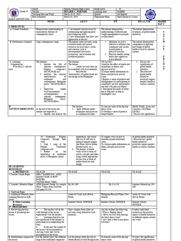 Grade 10 MAPEH Daily Lesson Log | PDF | Learning | Information