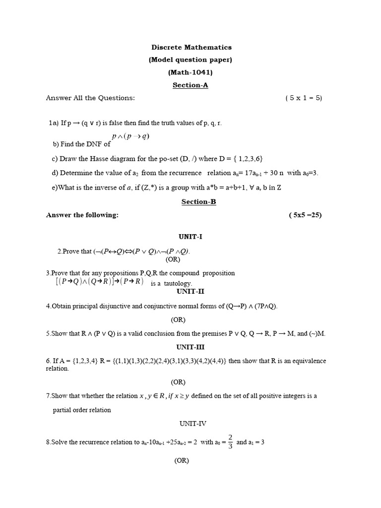Discrete Mathematics Model Paper 2024 | PDF