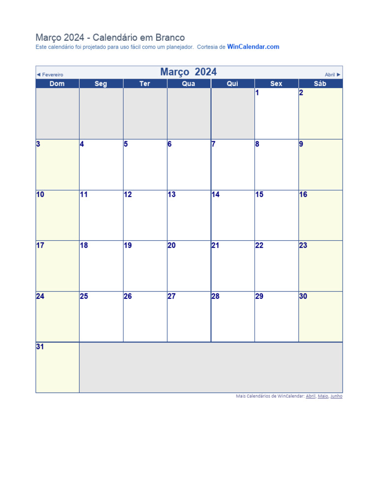 Calendário de Março 2024 em Branco | PDF