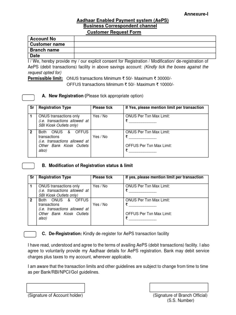 Application Form For AePS | Download Free PDF | Debit Card | Banks