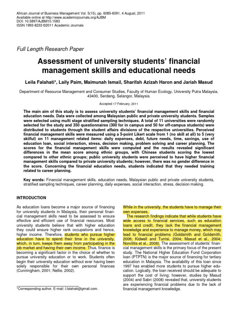 University Students' Financial Skills Assessment | PDF | Cost Of Living ...
