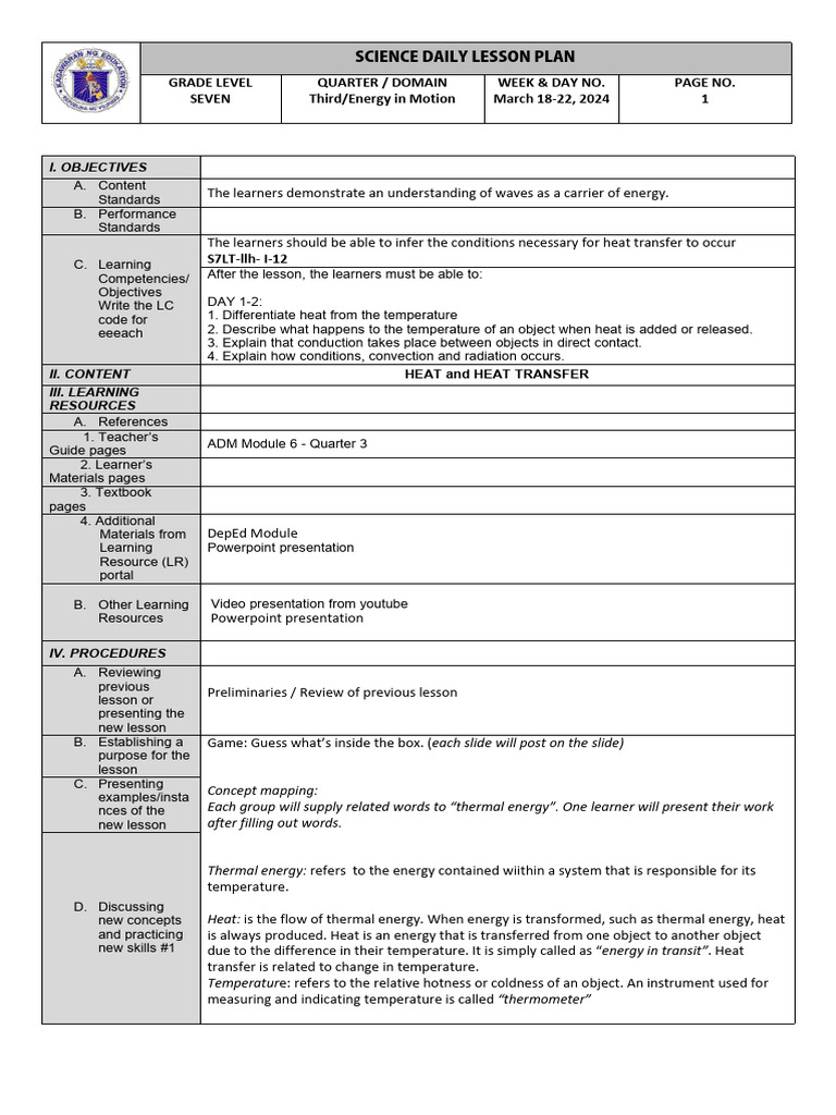 Grade 7 Science Lesson Plan: Heat & Electricity | PDF | Heat | Heat ...