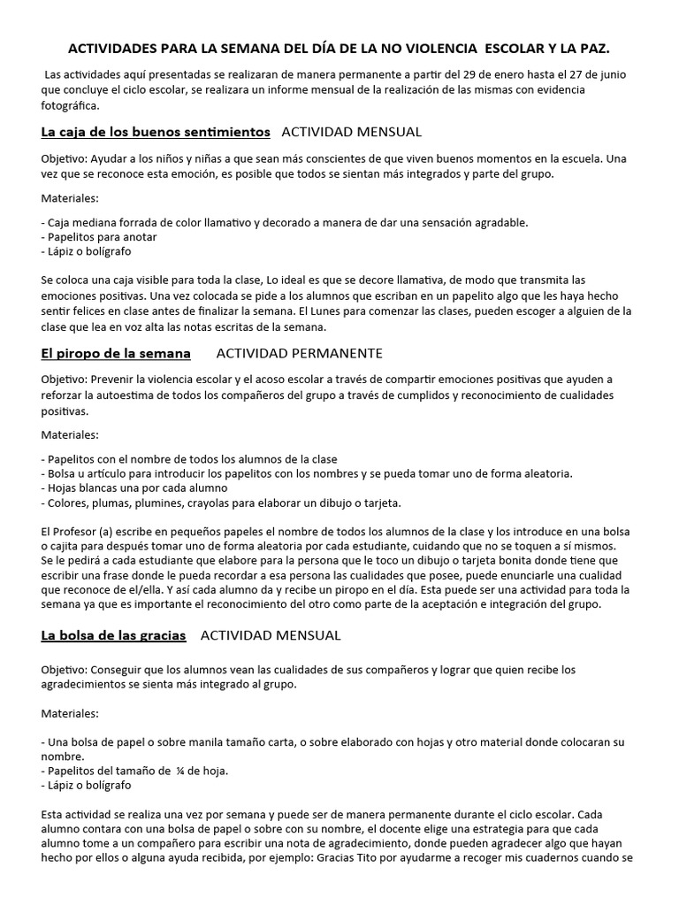 Actividades para La Semana Del Día de La No Violencia Escolar y La Paz ...