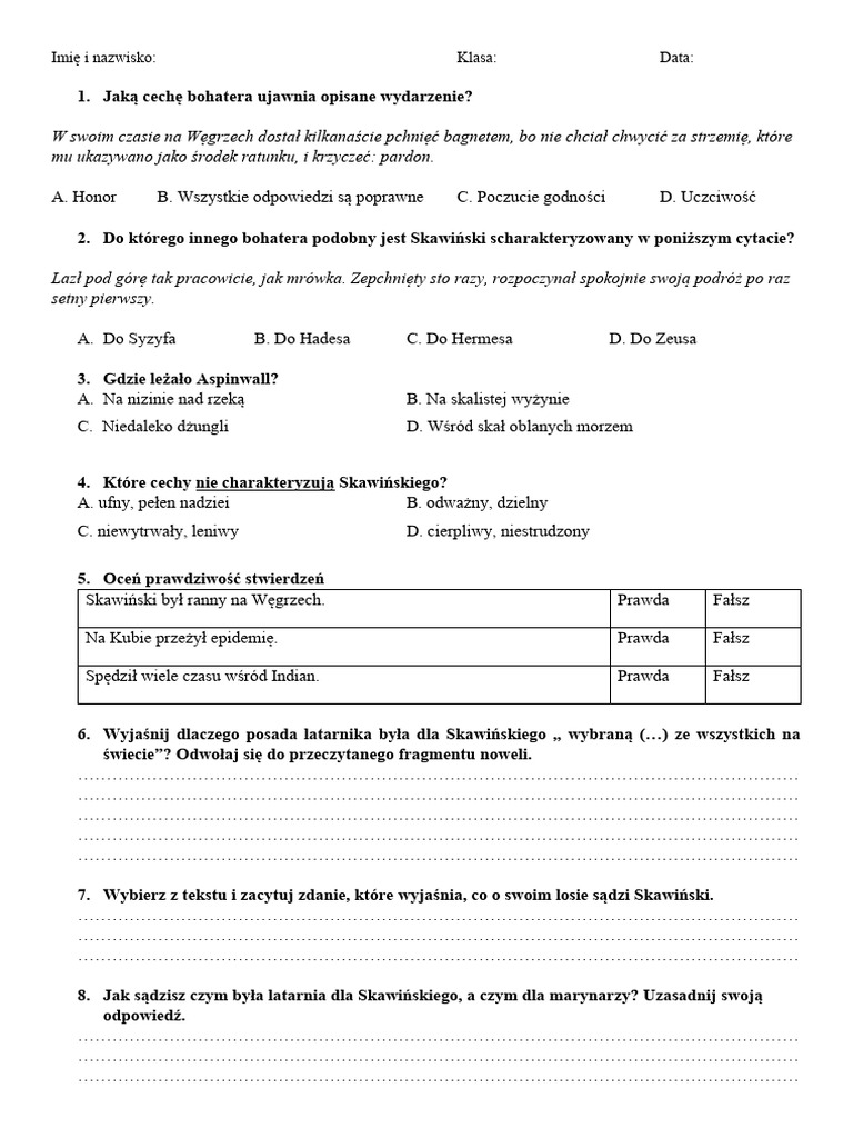 Test Wiedzy Z Lektury Latarnik Latarnik Test 2 | PDF