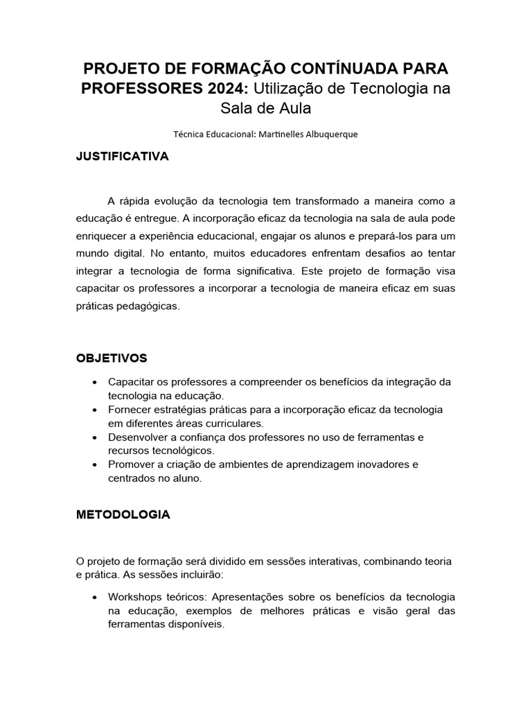Projeto de Formação Contínuada para Professores 2024 | PDF | Pedagogia ...