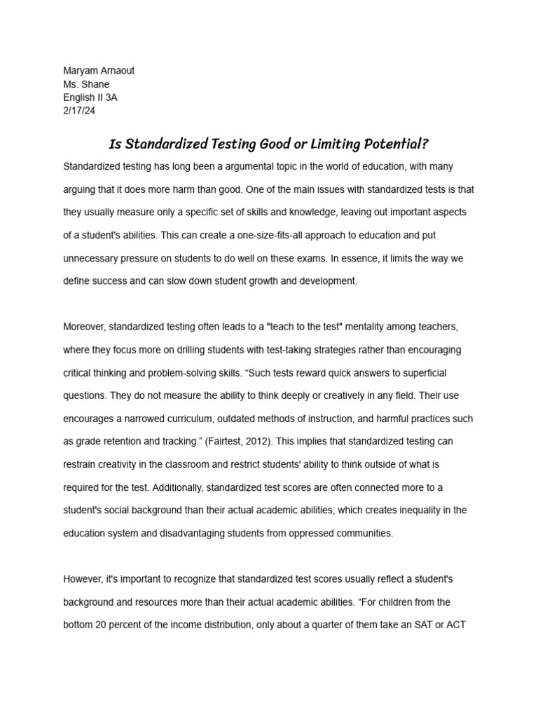 Is Standardized Testing Good or Limiting Potential | PDF | Standardized ...