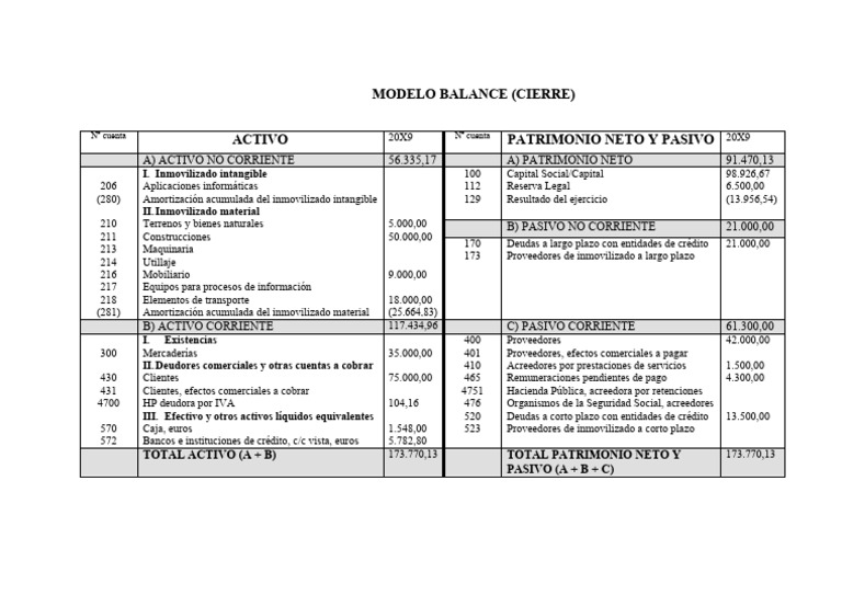 Modelo Balance Situación 31-12-X9 | PDF | Hoja de balance | Economias