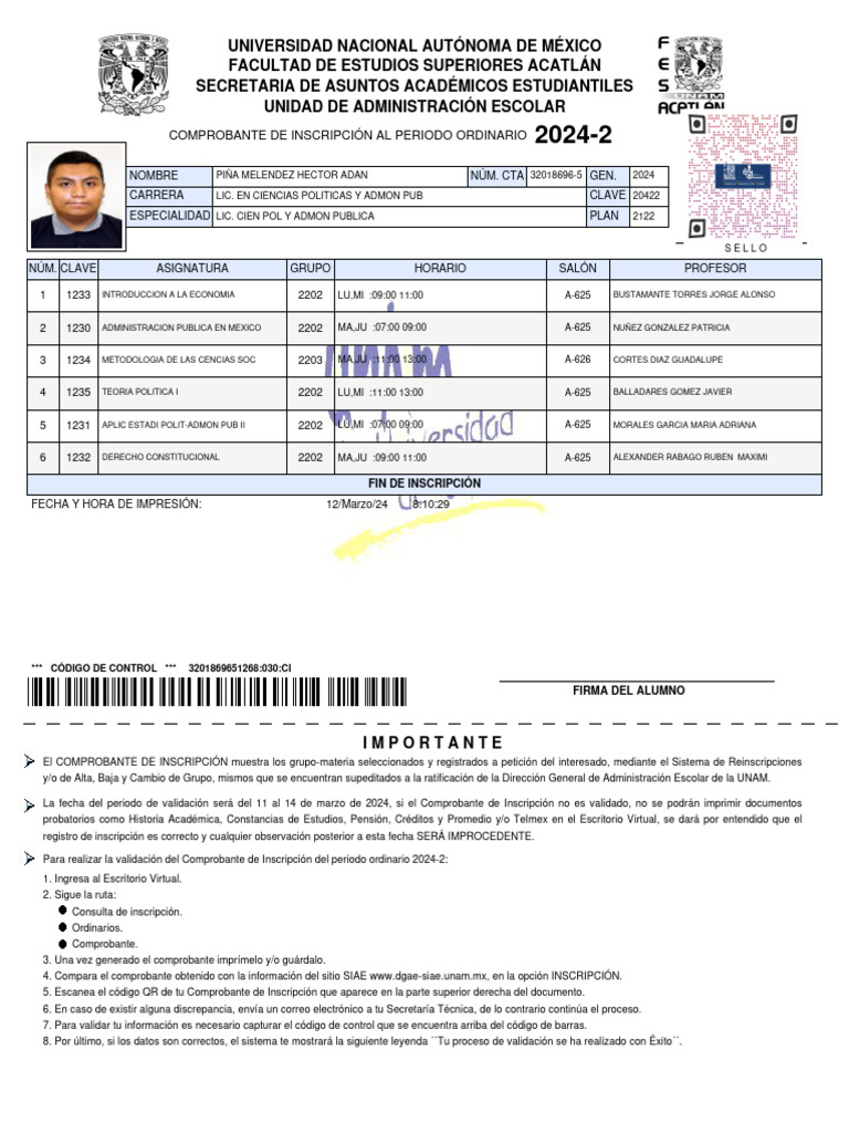 Comprobante de Inscripción UNAM 2024-2 | PDF