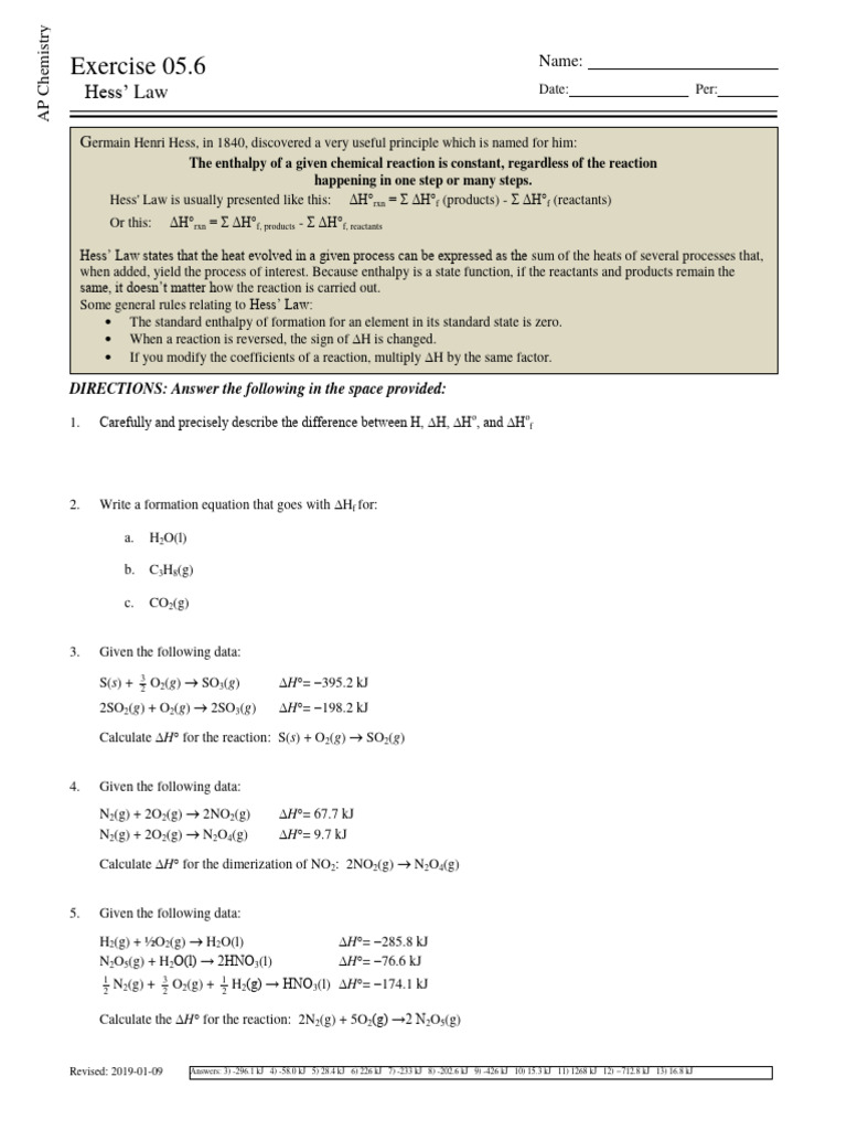 Exercise 6 3a Hesss Law PDF Scientific Phenomena Thermodynamics Exercise 6 3a Hesss Law PDF Scientific Phenomena Thermodynamics