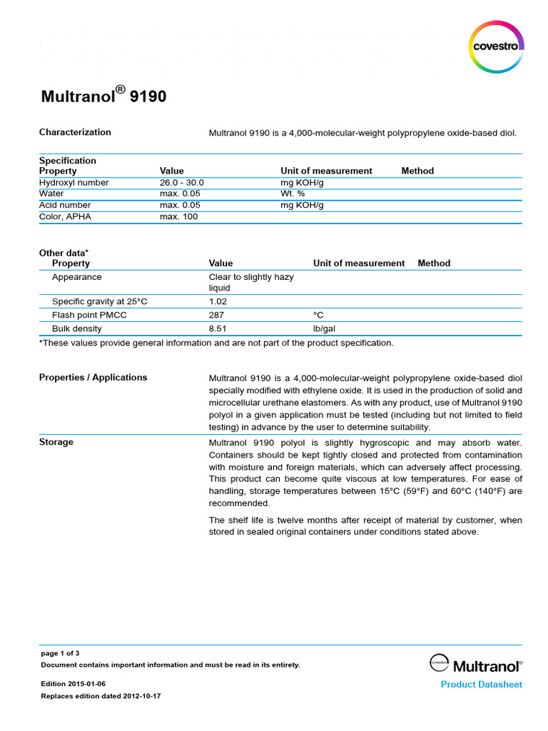 Multranol 9190 - en - 05213118 12942103 13850911 | PDF | Polyurethane