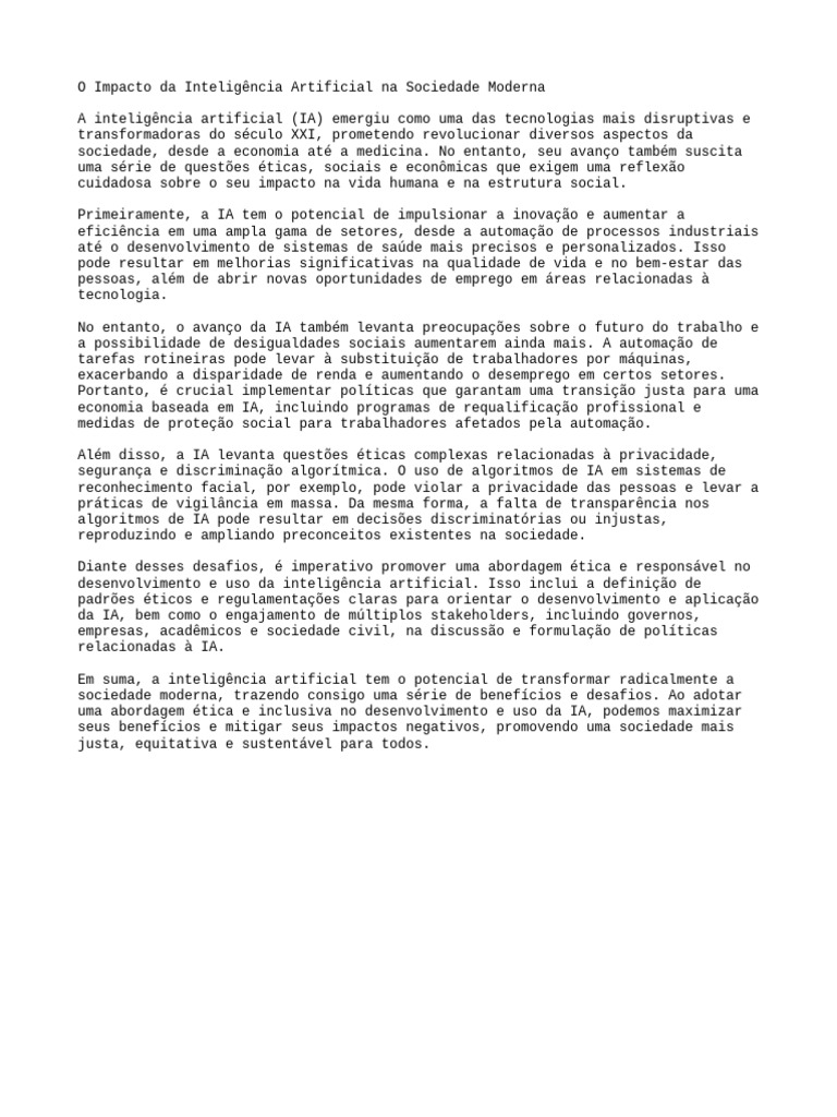Impactos da IA na Sociedade Moderna | PDF | Inteligência artificial ...