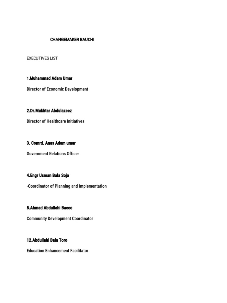 Changemaker Bauchi Executives List | PDF