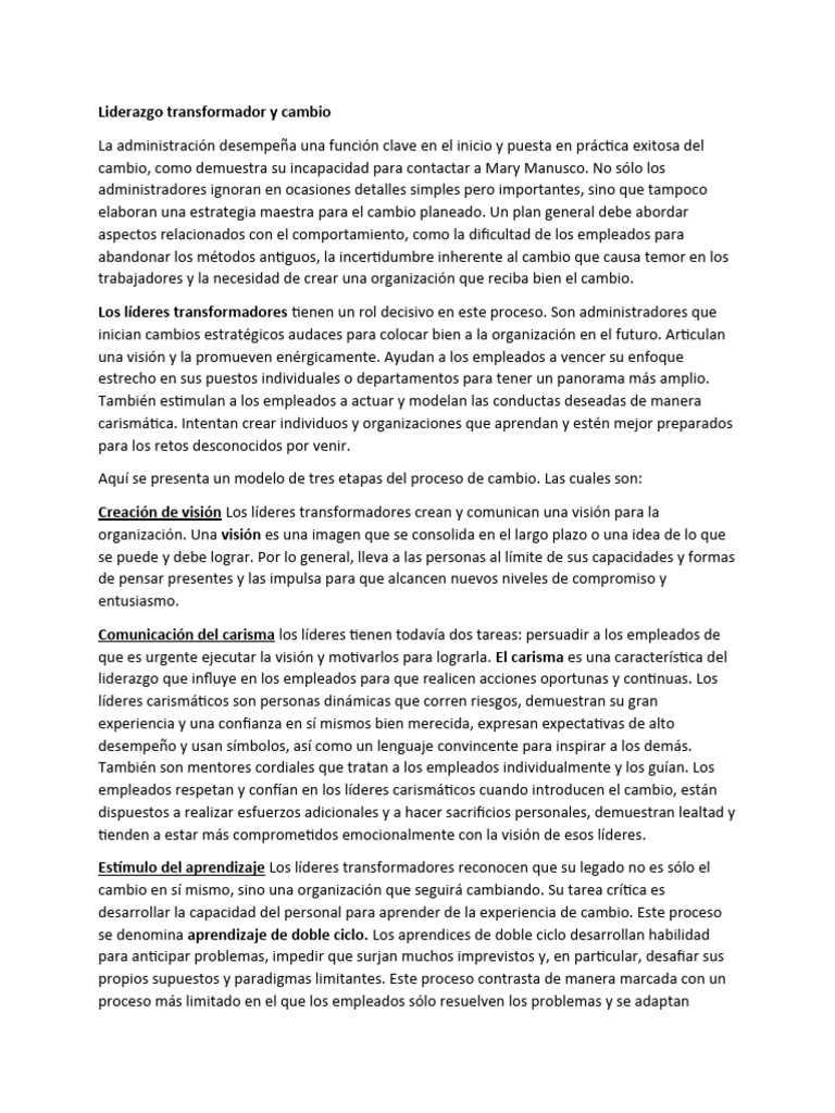 Liderazgo Transformador en el Cambio Organizacional | PDF | Aprendizaje ...