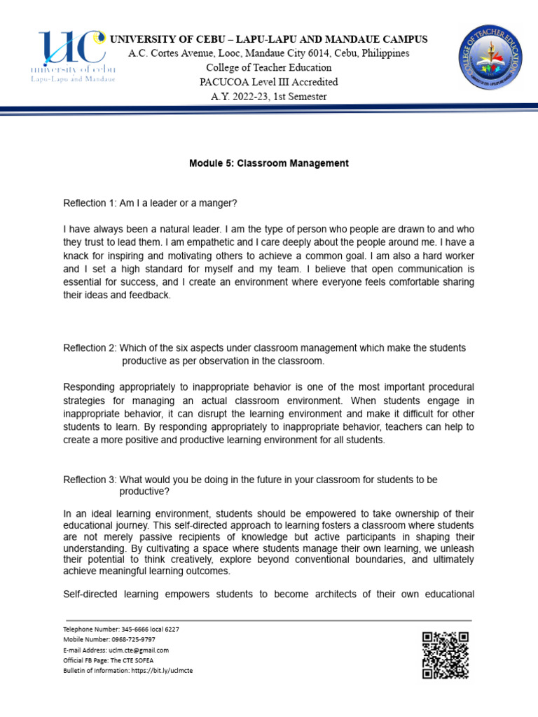 Week 5 Reflection Pdf Learning Classroom Management