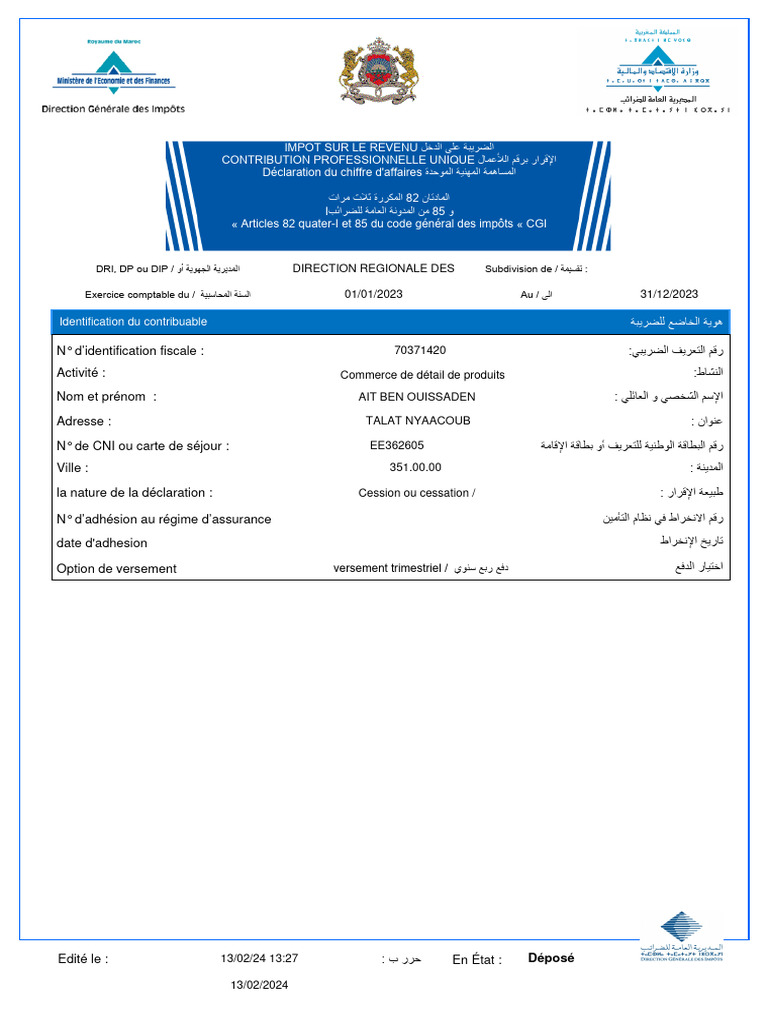 Déclaration CPU Maroc 2024 | PDF | Impôt sur le revenu | Business