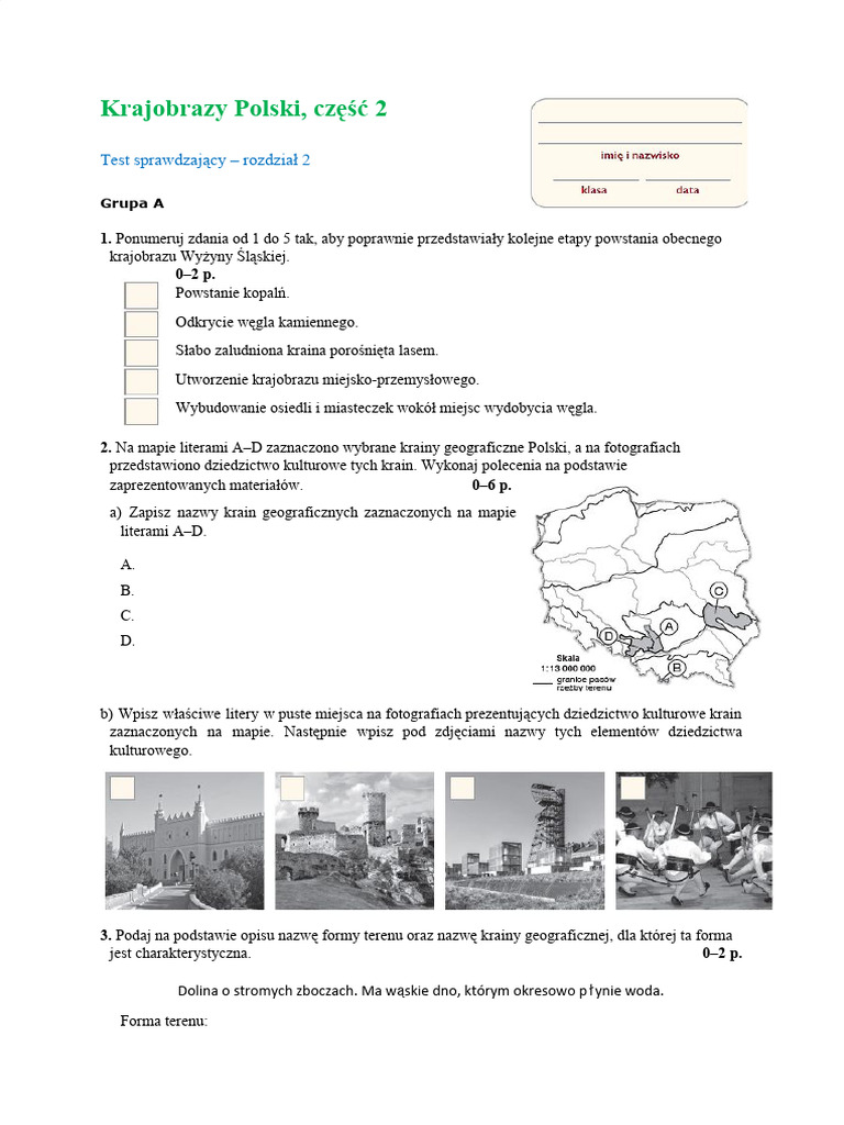 Sprawdzian Krajobrazy Polski Krajobrazy Polski, Część 2: Test Sprawdzający - Rozdział 2 | PDF