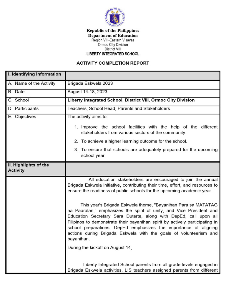Brigada Eskwela 2023 Activity Report | PDF | Teachers | Learning
