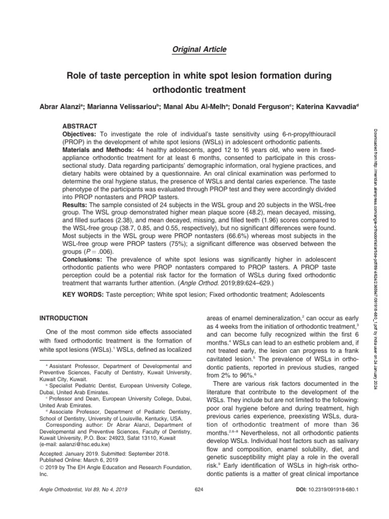 Taste Sensitivity and White Spot Lesions | PDF | Orthodontics | Human Tooth