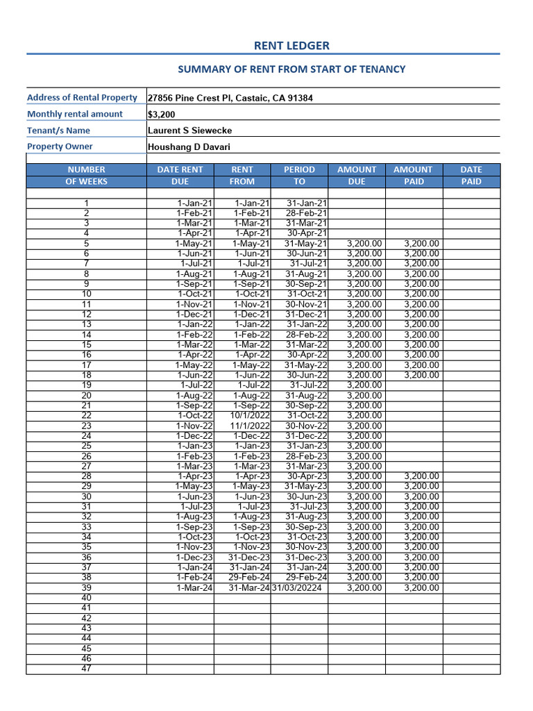Castaic CA Rent Ledger Summary | PDF | Renting | Leasehold Estate