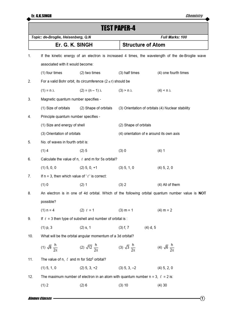 Quantum Mechanics Test Questions | PDF | Applied And Interdisciplinary ...