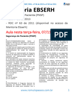 Mentoria EBSERH - Segurança Do Paciente, RDCs Nº 36 de 2013 e Nº 63 de 2011