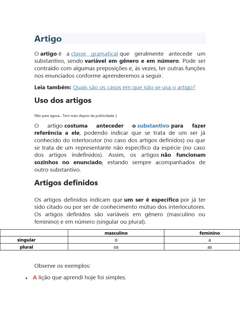 Uso e Funções dos Artigos em Português | PDF | Pronome | Plural