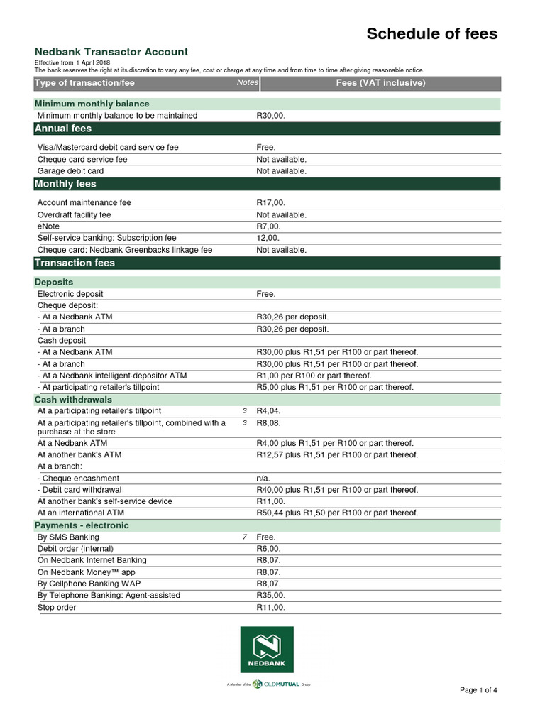 Nedbank Transactor Account Schedule of Fees PDF Cheque