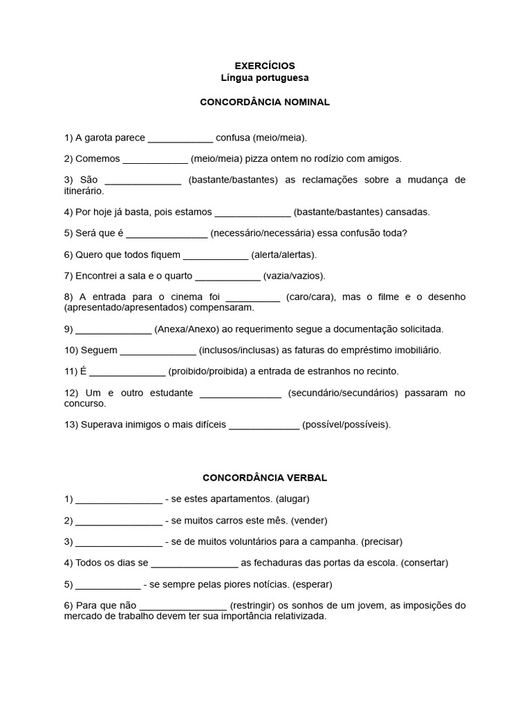 Concordância verbal e nominal - lista de exercícios | PDF