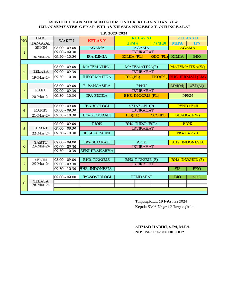 Roster Ujian Mata Pelajaran Mid & Semester Genap 23-24 | PDF | Ilmu Sosial