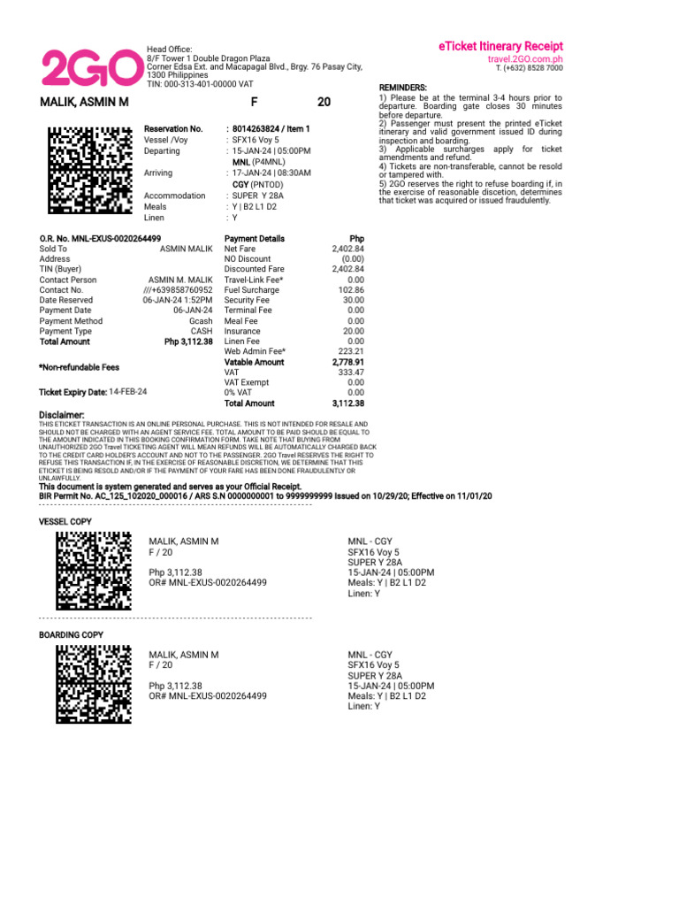 2GO eTicket Itinerary and Policies | PDF | Legal Liability | Ticket ...