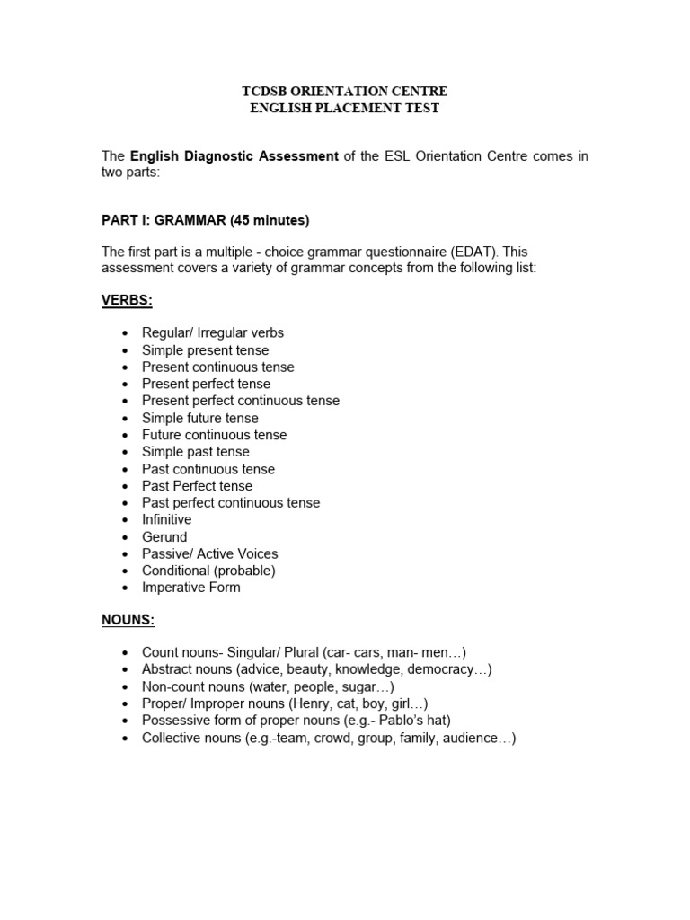 English Placement Test Orientation Centre TCDSB | PDF | Grammatical ...