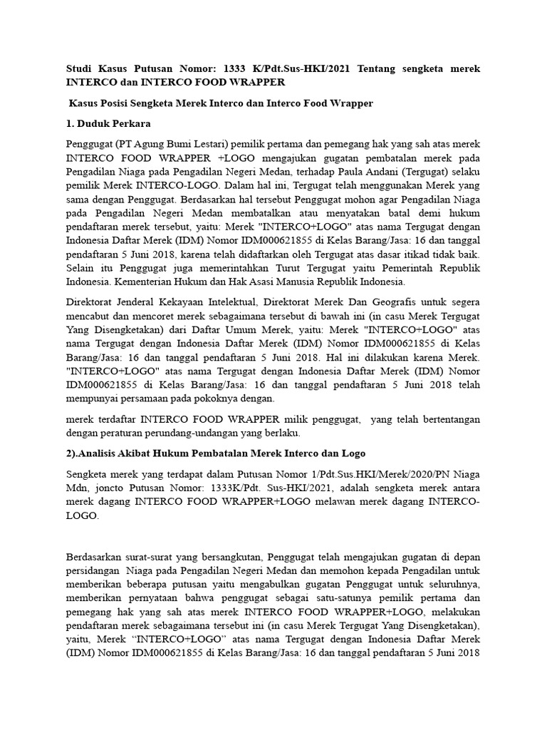 Sengketa Merek INTERCO vs INTERCO FOOD | PDF