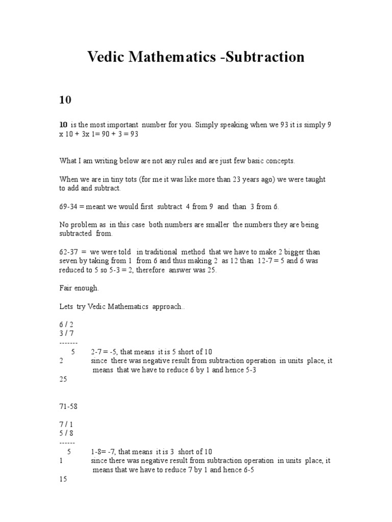 vedic mathematics subtraction pdf subtraction teaching mathematics