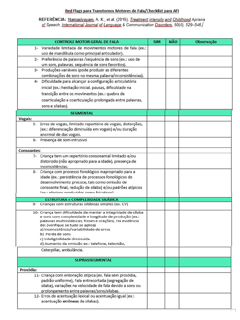 Red Flags para Transtornos Motores de Fala - Checklist para AFI | PDF