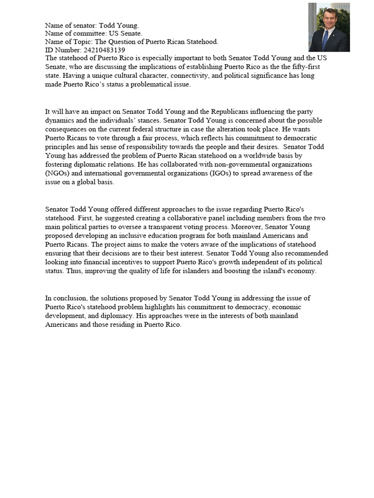 Senator Todd Young on Puerto Rican Statehood | PDF | Puerto Rico ...