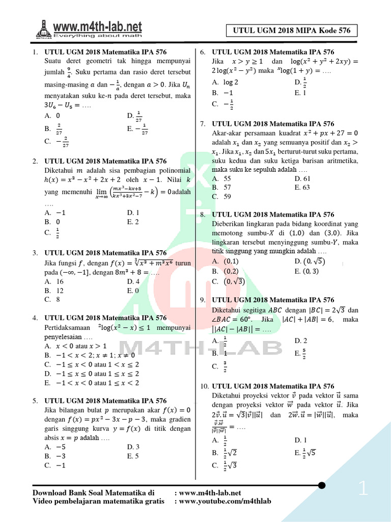 Latihan Soal Dan Pembahasan Kunci Matematika Saintek Utul UGM I | PDF ...