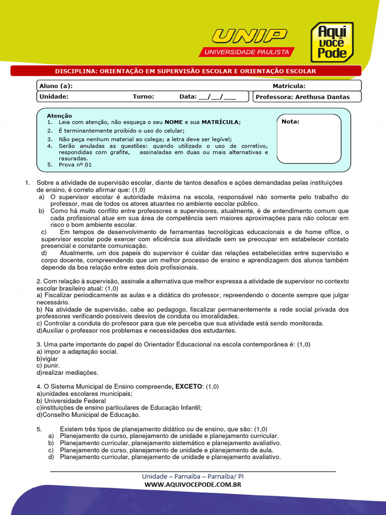 Prova de Supervisão Escolar e Orientação | PDF | Planejamento | Pedagogia