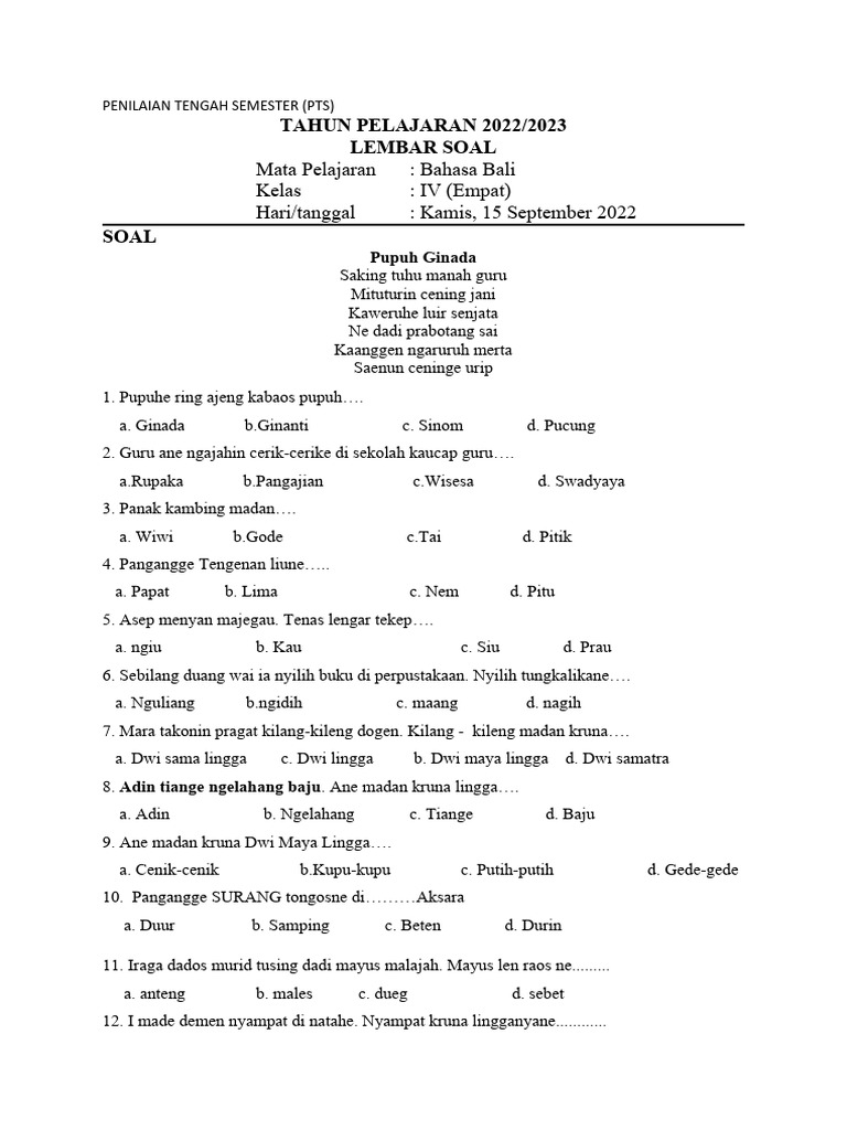 Mengukur Pemahaman Melalui Soal Bahasa Bali Kurikulum 2013 Kelas 4 SD: Menyongsong Literasi Budaya yang Bermakna