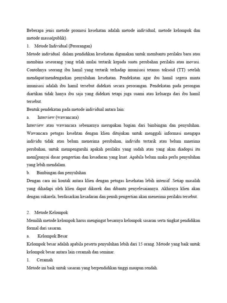 Beberapa Jenis Metode Promosi Kesehatan Adalah Metode Individual | PDF